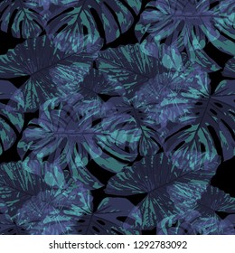 Tropical Pattern. Seamless Texture with Bright Hand Drawn Leaves of Exotic Tree. Spring Rapport for Calico, Textile, Swimwear. Vector Seamless Background with Tropic Plants. Watercolor Effect.