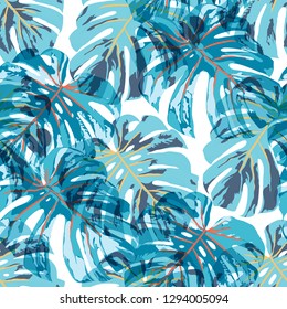 Tropical Pattern. Seamless Texture with Bright Hand Drawn Leaves of Exotic Tree. Spring Rapport for Calico, Textile, Wallpaper. Vector Seamless Background with Tropic Plants. Watercolor Effect.