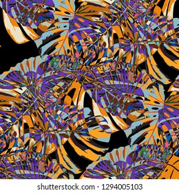 Tropical Pattern. Seamless Texture with Bright Hand Drawn Leaves of Monstera. Spring Rapport for Paper, Cloth, Fabric. Vector Seamless Background with Tropic Plants. Watercolor Effect.