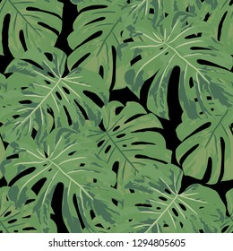 Tropical Pattern. Seamless Texture with Bright Hand Drawn Leaves of Monstera. Bright Rapport for Paper, Textile, Wallpaper. Vector Seamless Background with Tropic Plants. Watercolor Effect.