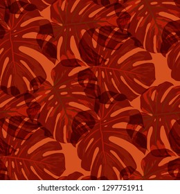 Tropical Pattern. Seamless Texture with Bright Hand Drawn Leaves of Exotic Tree. Summer Rapport for Paper, Cloth, Fabric. Vector Seamless Background with Tropic Plants. Watercolor Effect.