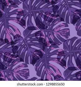 Tropical Pattern. Seamless Texture with Bright Hand Drawn Leaves of Monstera. Bright Rapport for Calico, Textile, Wallpaper. Vector Seamless Background with Tropic Plants. Watercolor Effect.