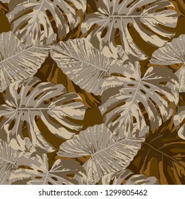 Tropical Pattern. Seamless Texture with Bright Hand Drawn Leaves of Monstera. Summer Rapport for Print, Textile, Swimwear. Vector Seamless Background with Tropic Plants. Watercolor Effect.