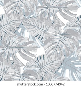 Tropical Pattern. Seamless Texture with Bright Hand Drawn Leaves of Monstera. Spring Rapport for Calico, Textile, Swimwear. Vector Seamless Background with Tropic Plants. Watercolor Effect.