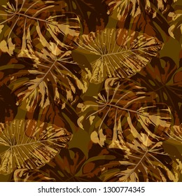 Tropical Pattern. Seamless Texture with Bright Hand Drawn Leaves of Monstera. Spring Rapport for Paper, Textile, Wallpaper. Vector Seamless Background with Tropic Plants. Watercolor Effect.