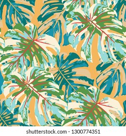 Tropical Pattern. Seamless Texture with Bright Hand Drawn Leaves of Monstera. Summer Rapport for Paper, Textile, Wallpaper. Vector Seamless Background with Tropic Plants. Watercolor Effect.