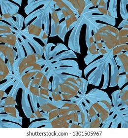 Tropical Pattern. Seamless Texture with Bright Hand Drawn Leaves of Exotic Tree. Trendy Rapport for Print, Cloth, Fabric. Vector Seamless Background with Tropic Plants. Watercolor Effect.