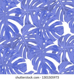 Tropical Pattern. Seamless Texture with Bright Hand Drawn Leaves of Monstera. Spring Rapport for Paper, Cloth, Fabric. Vector Seamless Background with Tropic Plants. Watercolor Effect.