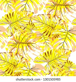 Tropical Pattern. Seamless Texture with Bright Hand Drawn Leaves of Monstera. Summer Rapport for Paper, Cloth, Wallpaper. Vector Seamless Background with Tropic Plants. Watercolor Effect.