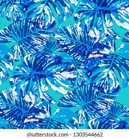 Tropical Pattern. Seamless Texture with Bright Hand Drawn Leaves of Exotic Tree. Summer Rapport for Print, Textile, Fabric. Vector Seamless Background with Tropic Plants. Watercolor Effect.