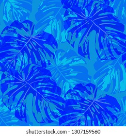 Tropical Pattern. Seamless Texture with Bright Hand Drawn Leaves of Monstera. Summer Rapport for Paper, Cloth, Fabric. Vector Seamless Background with Tropic Plants. Watercolor Effect.
