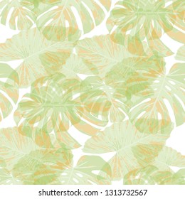 Tropical Pattern. Seamless Texture with Bright Hand Drawn Leaves of Monstera. Spring Rapport for Paper, Textile, Wallpaper. Vector Seamless Background with Tropic Plants. Watercolor Effect.