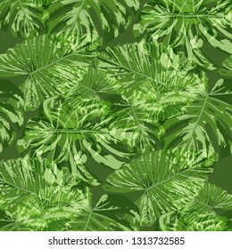 Tropical Pattern. Seamless Texture with Bright Hand Drawn Leaves of Monstera. Summer Rapport for Print, Cloth, Fabric. Vector Seamless Background with Tropic Plants. Watercolor Effect.