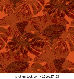 Tropical Pattern. Seamless Texture with Bright Hand Drawn Leaves of Exotic Tree. Spring Rapport for Paper, Textile, Wallpaper. Vector Seamless Background with Tropic Plants. Watercolor Effect.