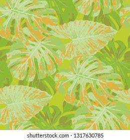 Tropical Pattern. Seamless Texture with Bright Hand Drawn Leaves of Exotic Tree. Trendy Rapport for Calico, Textile, Swimwear. Vector Seamless Background with Tropic Plants. Watercolor Effect.