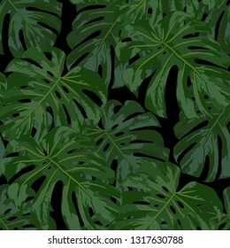 Tropical Pattern. Seamless Texture with Bright Hand Drawn Leaves of Exotic Tree. Trendy Rapport for Calico, Textile, Wallpaper. Vector Seamless Background with Tropic Plants. Watercolor Effect.