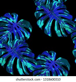 Tropical Pattern. Seamless Texture with Bright Hand Drawn Leaves of Monstera. Bright Rapport for Print, Textile, Fabric. Vector Seamless Background with Tropic Plants. Watercolor Effect.