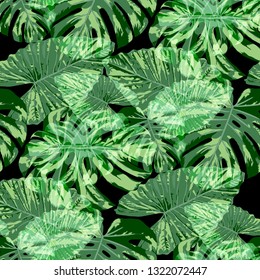 Tropical Pattern. Seamless Texture with Bright Hand Drawn Leaves of Exotic Tree. Summer Rapport for Paper, Cloth, Fabric. Vector Seamless Background with Tropic Plants. Watercolor Effect.