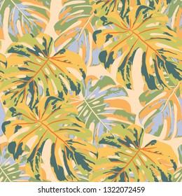 Tropical Pattern. Seamless Texture with Bright Hand Drawn Leaves of Monstera. Spring Rapport for Calico, Textile, Swimwear. Vector Seamless Background with Tropic Plants. Watercolor Effect.