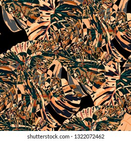 Tropical Pattern. Seamless Texture with Bright Hand Drawn Leaves of Monstera. Spring Rapport for Calico, Textile, Wallpaper. Vector Seamless Background with Tropic Plants. Watercolor Effect.
