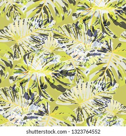 Tropical Pattern. Seamless Texture with Bright Hand Drawn Leaves of Exotic Tree. Trendy Rapport for Print, Cloth, Fabric. Vector Seamless Background with Tropic Plants. Watercolor Effect.