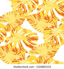 Tropical Pattern. Seamless Texture with Bright Hand Drawn Leaves of Exotic Tree. Trendy Rapport for Calico, Textile, Wallpaper. Vector Seamless Background with Tropic Plants. Watercolor Effect.