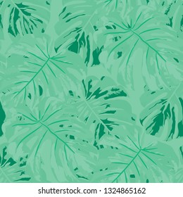 Tropical Pattern. Seamless Texture with Bright Hand Drawn Leaves of Exotic Tree. Summer Rapport for Print, Textile, Swimwear. Vector Seamless Background with Tropic Plants. Watercolor Effect.