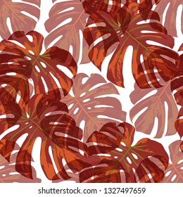 Tropical Pattern. Seamless Texture with Bright Hand Drawn Leaves of Exotic Tree. Bright Rapport for Print, Textile, Fabric. Vector Seamless Background with Tropic Plants. Watercolor Effect.