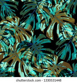 Tropical Pattern. Seamless Texture with Bright Hand Drawn Leaves of Monstera. Bright Rapport for Print, Cloth, Fabric. Vector Seamless Background with Tropic Plants. Watercolor Effect.