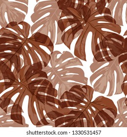 Tropical Pattern. Seamless Texture with Bright Hand Drawn Leaves of Exotic Tree. Bright Rapport for Print, Textile, Swimwear. Vector Seamless Background with Tropic Plants. Watercolor Effect.
