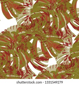 Tropical Pattern. Seamless Texture with Bright Hand Drawn Leaves of Monstera. Trendy Rapport for Print, Paper, Swimwear. Vector Seamless Background with Tropic Plants. Watercolor Effect.