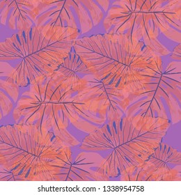 Tropical Pattern. Seamless Texture with Bright Hand Drawn Leaves of Exotic Tree. Bright Rapport for Paper, Cloth, Wallpaper. Vector Seamless Background with Tropic Plants. Watercolor Effect.