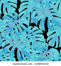 Tropical Pattern. Seamless Texture with Bright Hand Drawn Leaves of Exotic Tree. Spring Rapport for Print, Cloth, Fabric. Vector Seamless Background with Tropic Plants. Watercolor Effect.