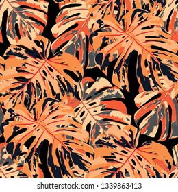 Tropical Pattern. Seamless Texture with Bright Hand Drawn Leaves of Monstera. Bright Rapport for Paper, Textile, Wallpaper. Vector Seamless Background with Tropic Plants. Watercolor Effect.