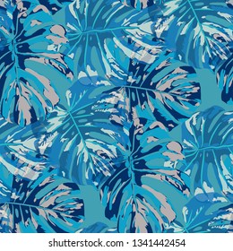 Tropical Pattern. Seamless Texture with Bright Hand Drawn Leaves of Monstera. Spring Rapport for Calico, Textile, Wallpaper. Vector Seamless Background with Tropic Plants. Watercolor Effect.