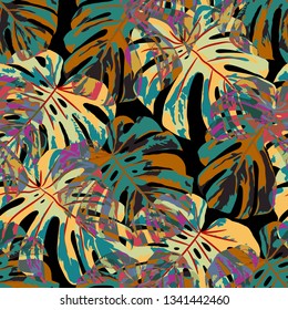 Tropical Pattern. Seamless Texture with Bright Hand Drawn Leaves of Exotic Tree. Bright Rapport for Print, Cloth, Fabric. Vector Seamless Background with Tropic Plants. Watercolor Effect.