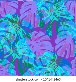 Tropical Pattern. Seamless Texture with Bright Hand Drawn Leaves of Monstera. Summer Rapport for Print, Textile, Swimwear. Vector Seamless Background with Tropic Plants. Watercolor Effect.