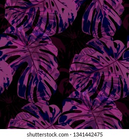 Tropical Pattern. Seamless Texture with Bright Hand Drawn Leaves of Exotic Tree. Summer Rapport for Print, Textile, Fabric. Vector Seamless Background with Tropic Plants. Watercolor Effect.