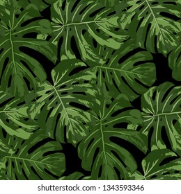 Tropical Pattern. Seamless Texture with Bright Hand Drawn Leaves of Exotic Tree. Trendy Rapport for Print, Textile, Fabric. Vector Seamless Background with Tropic Plants. Watercolor Effect.