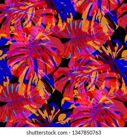 Tropical Pattern. Seamless Texture with Bright Hand Drawn Leaves of Monstera. Trendy Rapport for Paper, Cloth, Fabric. Vector Seamless Background with Tropic Plants. Watercolor Effect.