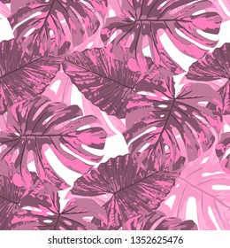 Tropical Pattern. Seamless Texture with Bright Hand Drawn Leaves of Monstera. Summer Rapport for Paper, Cloth, Fabric. Vector Seamless Background with Tropic Plants. Watercolor Effect.