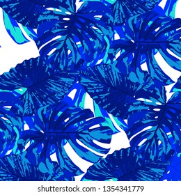 Tropical Pattern. Seamless Texture with Bright Hand Drawn Leaves of Exotic Tree. Bright Rapport for Paper, Cloth, Wallpaper. Vector Seamless Background with Tropic Plants. Watercolor Effect.