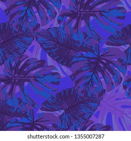 Tropical Pattern. Seamless Texture with Bright Hand Drawn Leaves of Exotic Tree. Bright Rapport for Print, Textile, Swimwear. Vector Seamless Background with Tropic Plants. Watercolor Effect.