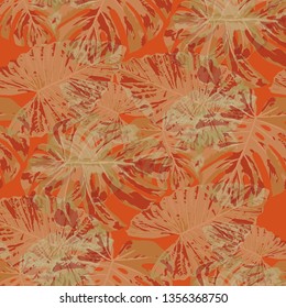 Tropical Pattern. Seamless Texture with Bright Hand Drawn Leaves of Exotic Tree. Summer Rapport for Print, Paper, Swimwear. Vector Seamless Background with Tropic Plants. Watercolor Effect.