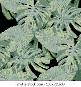 Tropical Pattern. Seamless Texture with Bright Hand Drawn Leaves of Exotic Tree. Summer Rapport for Paper, Textile, Wallpaper. Vector Seamless Background with Tropic Plants. Watercolor Effect.