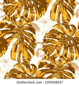 Tropical Pattern. Seamless Texture with Bright Hand Drawn Leaves of Exotic Tree. Bright Rapport for Print, Textile, Swimwear. Vector Seamless Background with Tropic Plants. Watercolor Effect.