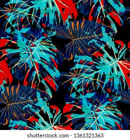 Tropical Pattern. Seamless Texture with Bright Hand Drawn Leaves of Exotic Tree. Trendy Rapport for Calico, Textile, Wallpaper. Vector Seamless Background with Tropic Plants. Watercolor Effect.
