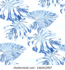 Tropical Pattern. Seamless Texture with Bright Hand Drawn Leaves of Monstera. Bright Rapport for Print, Textile, Swimwear. Vector Seamless Background with Tropic Plants. Watercolor Effect.