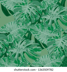 Tropical Pattern. Seamless Texture with Bright Hand Drawn Leaves of Exotic Tree. Bright Rapport for Paper, Cloth, Wallpaper. Vector Seamless Background with Tropic Plants. Watercolor Effect.