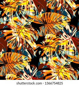Tropical Pattern. Seamless Texture with Bright Hand Drawn Leaves of Exotic Tree. Bright Rapport for Print, Textile, Swimwear. Vector Seamless Background with Tropic Plants. Watercolor Effect.